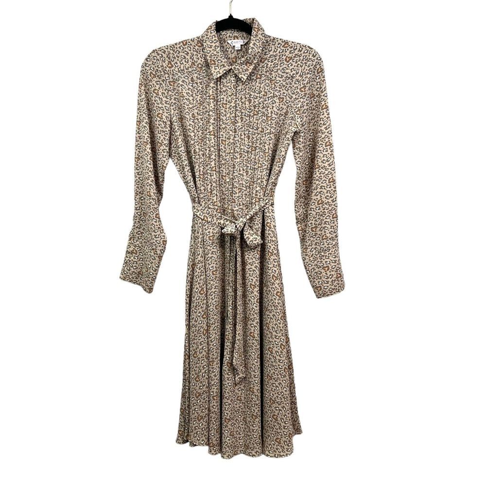 Nanette Lepore Women Dress Animal Print Fit & Flare Long Sleeve Pleated Tan 2*